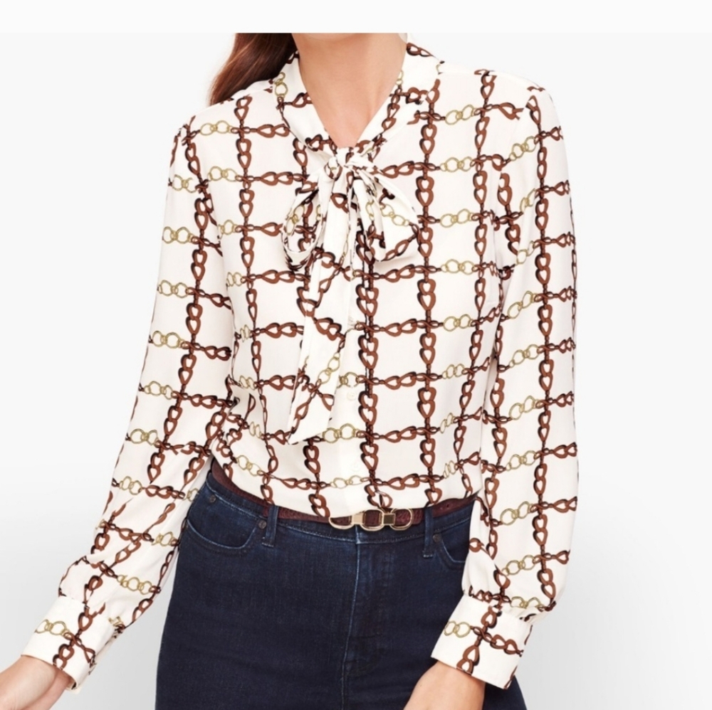 Talbots Cream and Brown Chain Pattern Blouse